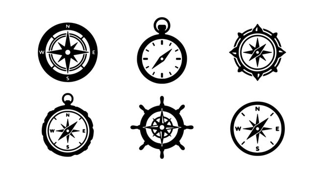 Nautical Compass Icons, Vintage Navigation Tools, Marine Steering Wheel Vector Set