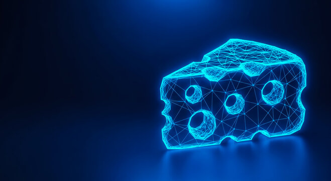 A futuristic glowing blue wireframe of a Swiss cheese block, showcasing holes and texture in a 3D digital style.
