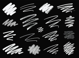 Fototapeta premium Abstract chalk scribble vector elements set, white crayon texture lines and hand drawn pencil scratches on black background
