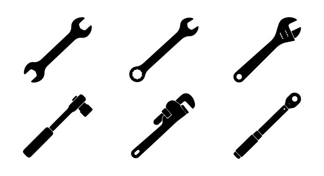 Set of 6 Black Silhouette Wrench Icons, Tools Collection Vector Graphics