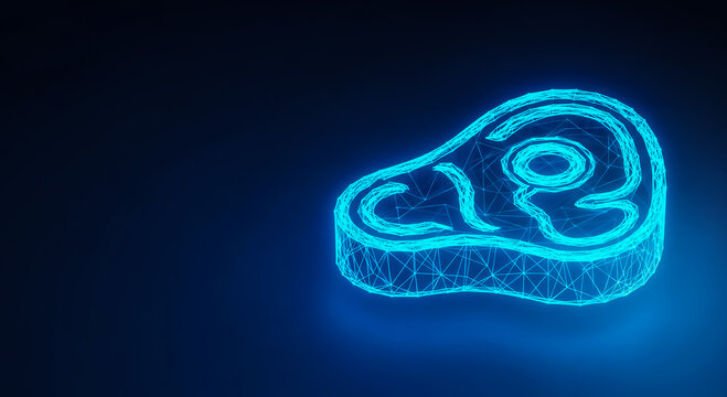 A neon blue steak icon with a grid pattern, set against a dark backdrop, symbolizing technology or digital innovation.