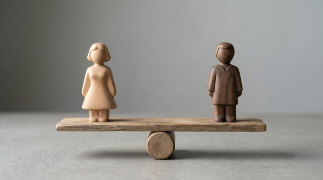 wooden figures on seesaw