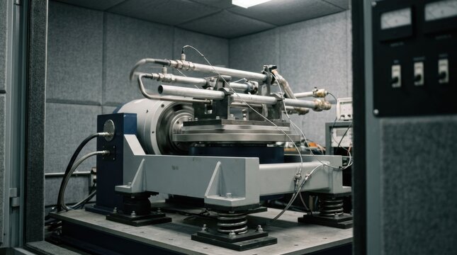 Closeup medium shot of a shaker table setup inside a test booth highlighting dynamic noise testing on tubes with minimized external vibrations.