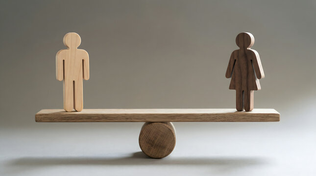 wooden man and woman on seesaw