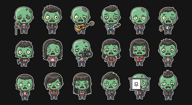 Cute Cartoon Zombie Characters Set, Pixel Art Style, Horror Elements