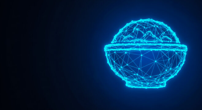 A glowing, futuristic brain encased in a transparent jar, set against a dark blue background. Abstract digital art concept.