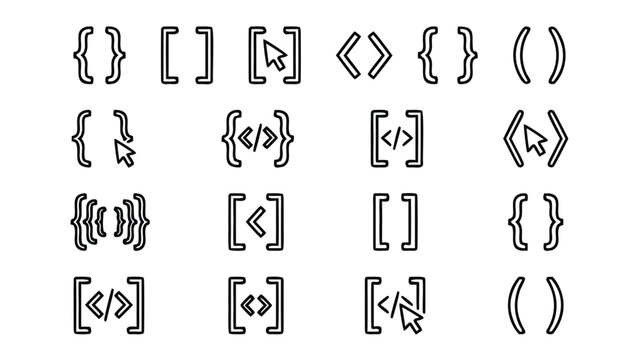 Vector Icon Set of Coding and Web Development Brackets in Outline Style. Minimalist Programming Symbols Including Curly Braces, Square Brackets, Angle Brackets, and Parentheses for UI Design.