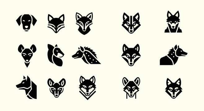 Wild Canine Animal Icons: Fox, Wolf, Dog, Coyote, Jackal Silhouette Set