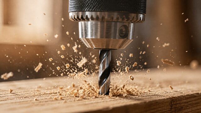 Extreme close up of a heavy duty drill press boring a hole into wood with flying wood shavings