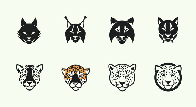 Wild Cat Heads Collection: Lynx, Bobcat, Jaguar, Leopard Icons