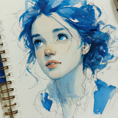 Fototapeta premium Expressive Blue Watercolor Portrait Sketch of Young Woman with Abstract Ink Lines