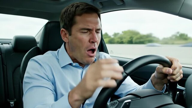 Man driving a car on the highway. Distressed driver crying and showing emotional pain. Mental health and road safety concept