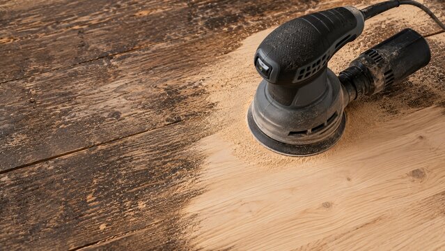 Electric orbital sander tool restoring a rustic dark wooden surface close up