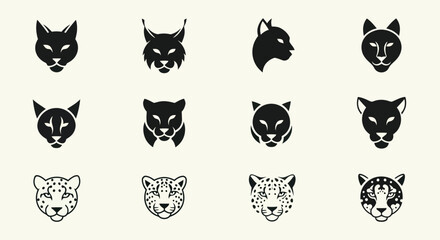 Fototapeta premium Wild Cat Icons Set: Lynx, Puma, Leopard, Cheetah, Jaguar, Tiger Faces