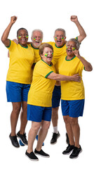 Obraz premium Elderly Fans Cheering for Victory: A group of ecstatic elderly individuals, adorned in vibrant yellow jerseys and blue shorts, celebrate with painted faces and raised fists.