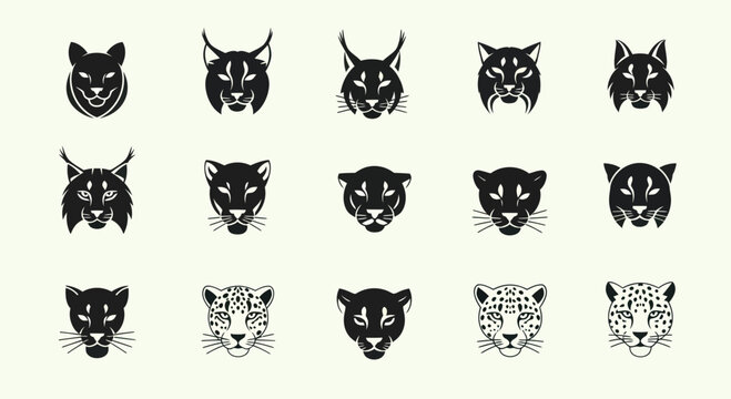 Wild Cat Icons Set: Lynx, Puma, Leopard, Bobcat Heads