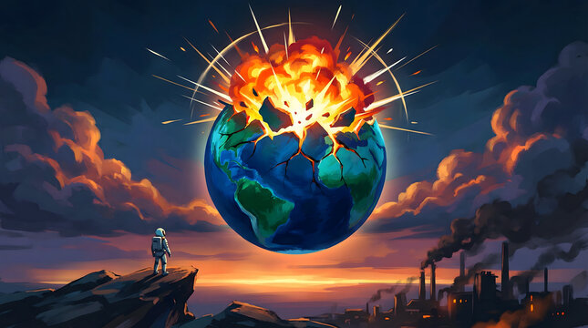 astronaut watches exploding earth from cliff