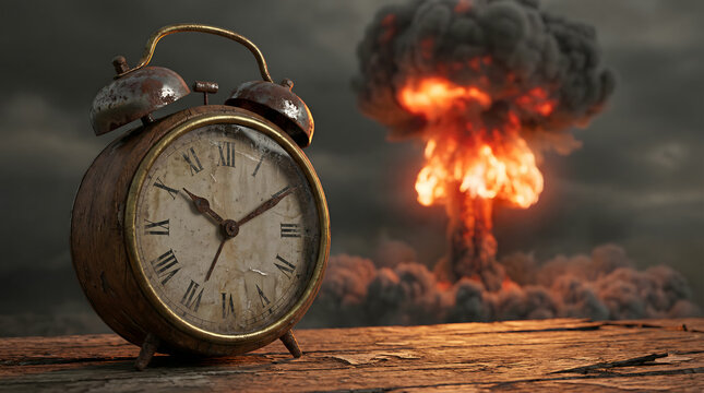 Alarm clock on wooden table with explosion and smoke in background