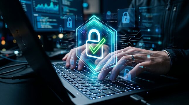 hands typing on laptop with security lock and checkmark overlay
