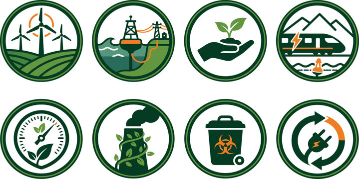 Eco Friendly Renewable Green Energy Power Generation And Waste Management Circular Vector Icon Illustration Set