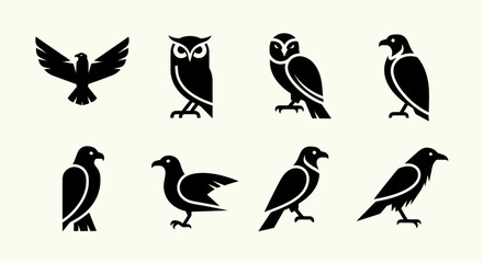 Obraz premium Silhouette Bird Icons Collection: Eagle, Owl, Raven, Hawk