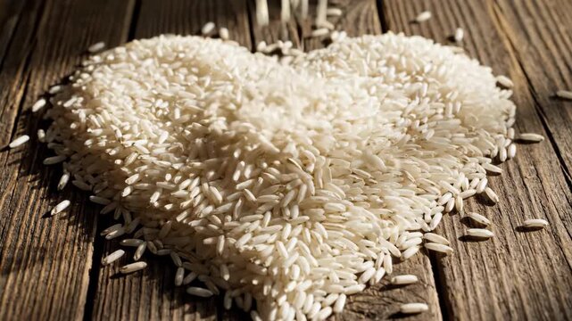 White rice grains pouring into heart shape on wooden table. Raw food ingredient falling in slow motion