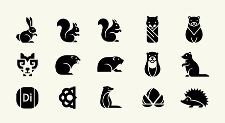 Fototapeta premium Vector Icons of Various Animals, Forest Creatures, Wildlife, Mammals, Cute Symbols