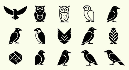 Fototapeta premium Vector Set of Bird Silhouettes and Icons: Owls, Eagles, Crows, Ravens