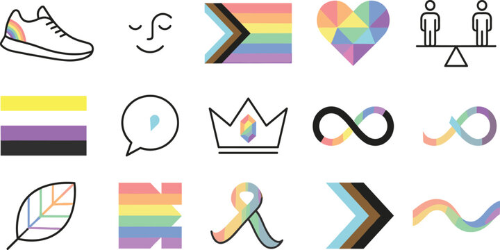 LGBTQ Pride Month Progressive Flag and Diversity Inclusion Symbol Line Vector Icon Set