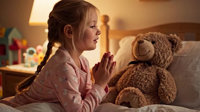 A cute little girl saying her bedtime prayers in bed with a teddy bear. An innocent child with clasped hands praying at night. Childhood faith and spirituality concept