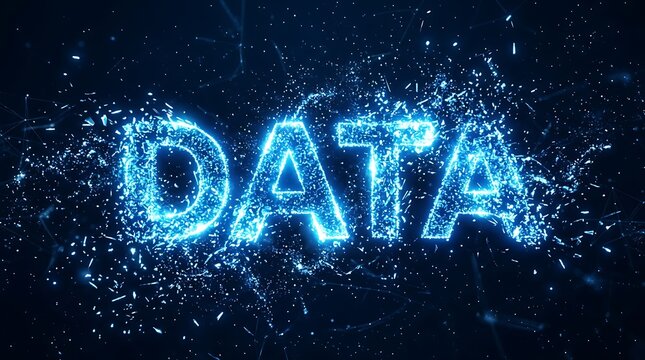 Data text with glowing particles and digital network background