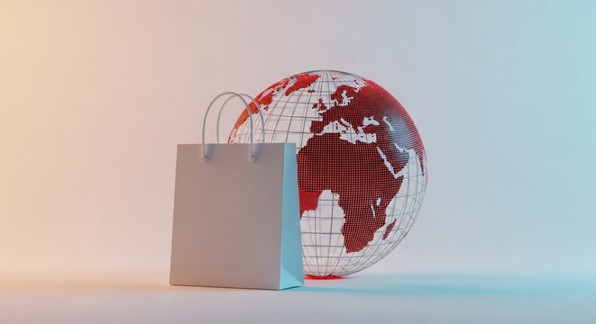 Minimalist white shopping bag placed in front of digital wireframe globe showing world continents symbolizing future of global ecommerce and digital retail marketplace technology.