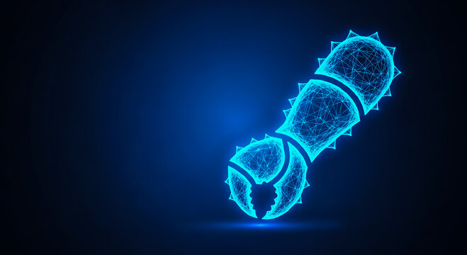 A detailed 3D render of a bacteriophage virus with a glowing blue effect, showcasing its structure against a dark backdrop.