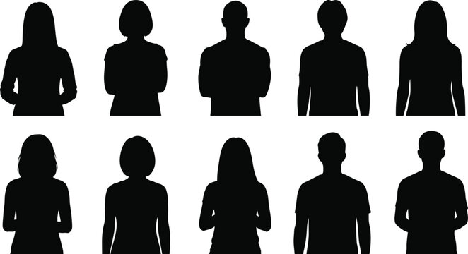 Collection of diverse male and female avatar silhouettes, set of human profile headshots and upper body portraits for social media or corporate profiles.