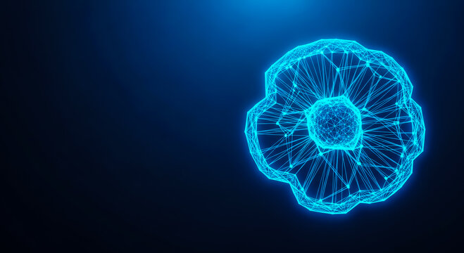 A vibrant, glowing blue digital flower with intricate geometric patterns on a dark background. Futuristic and modern design.