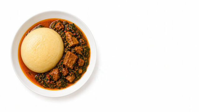 Efo Riro nigeriano con polenta di igname su sfondo bianco. Generative AI 