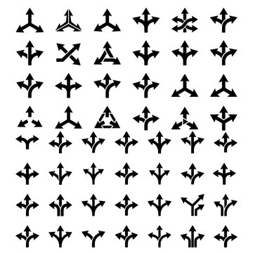Three Way Direction and Crossroads Decision Arrow Silhouette Icons Set for Navigation Choice
