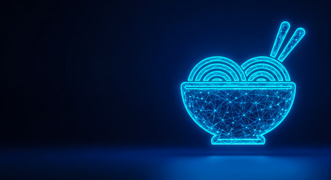 A futuristic neon-blue 3D rendering of a bowl filled with noodles and chopsticks, set against a sleek dark backdrop.