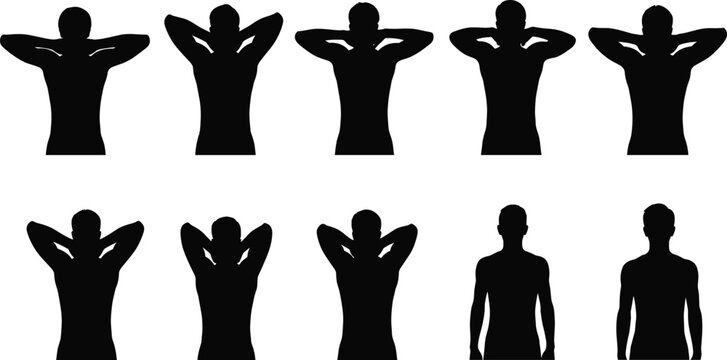 Silhouette set of a man with hands behind head, collection of male figures showing relaxation, comfort, or neck stretching poses vector graphic.