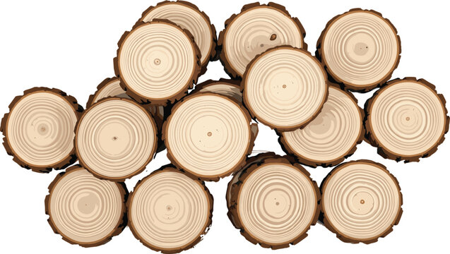 Realistic stacked wood log slices vector illustration with tree rings and natural bark texture isolated on white