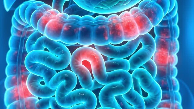 Human intestine and colon illustration showing medical inflammation. Suitable for medical education, healthcare video, science presentation, and documentary.