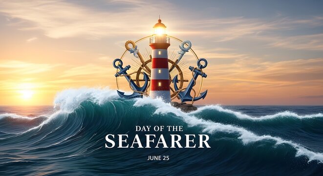 Day of the seafarer nautical lighthouse with anchors and ship's wheel