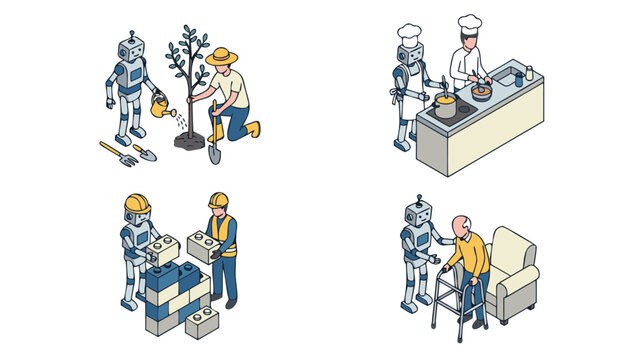 Isometric Vector Illustration Set of Robots Assisting Humans in Diverse Scenes: Gardening, Cooking in Kitchen, Construction Work, and Elderly Healthcare Support on a Clean White Background.