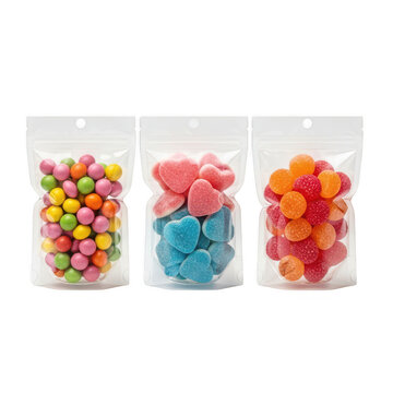 Colorful candies in transparent bags hanging