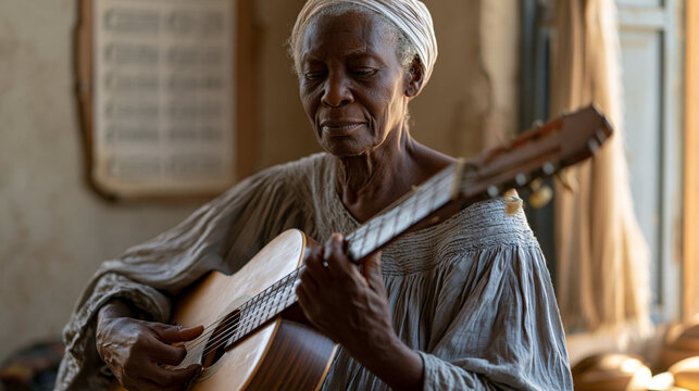 Seventy-four-year-old West African grandmother learning to play acoustic guitar at home, chord chart pinned to wall, determined focus, new motor skill acquisition aging brain, neuroplasticity adult 