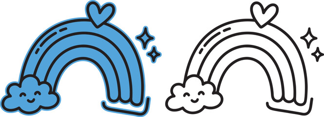 Fototapeta premium Adorable doodle rainbow arch with smiling clouds blue and white outline versions hand drawn illustration children cheerful positive imagination landscape atmosphere nature scene