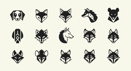 Fototapeta premium Set of Stylized Animal Head Icons: Fox, Wolf, Dog, Bear, Hyena