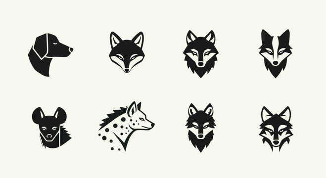 Set of stylized animal heads: dog, fox, wolf, badger, hyena icons