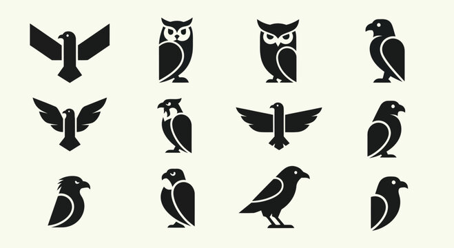 Set of stylized bird icons: eagles, owls, falcons, crows, hawks
