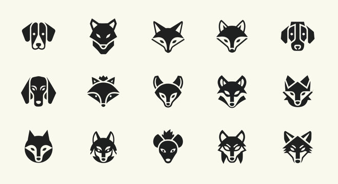 Set of stylized fox and dog head icons, minimalist vector illustration